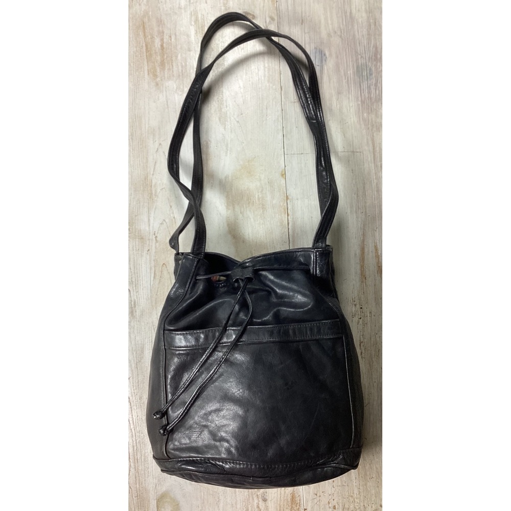 Stone Mountain Vintage Black Leather Bucket Bag Made in USA Plaid Lining